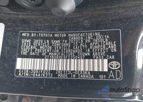 2015 Toyota Corolla S Plus из США, поврежденный, VIN 2T1BURHE6FC250407